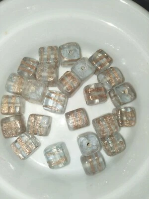 10 fancy Indian lampwork glass beads cube square 12mm clear and gold (b1750) - Image 1 of 2