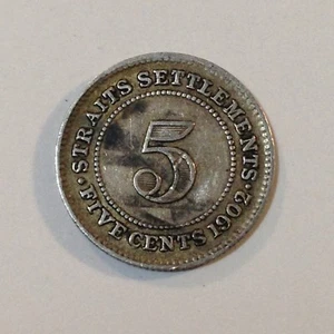 1902 Straits Settlements (Malaysia), Nickel/5 Cents Silver Coin, Rare Antique - Picture 1 of 4