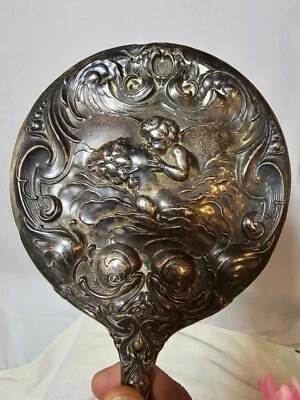 RARO Antiguo Espejo de Mano Esterlina Art Nouveau Madre Bebé Querubín 3D - LEER - A1 Foto 1 de 4