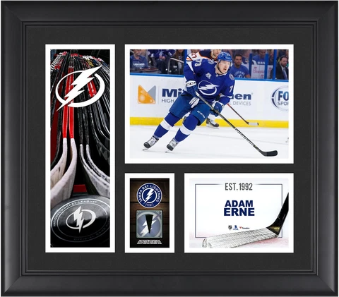 Adam Erne Tampa Bay Lightning Frmd 15" x 17" Player Collage & Piece of GU Puck Cover