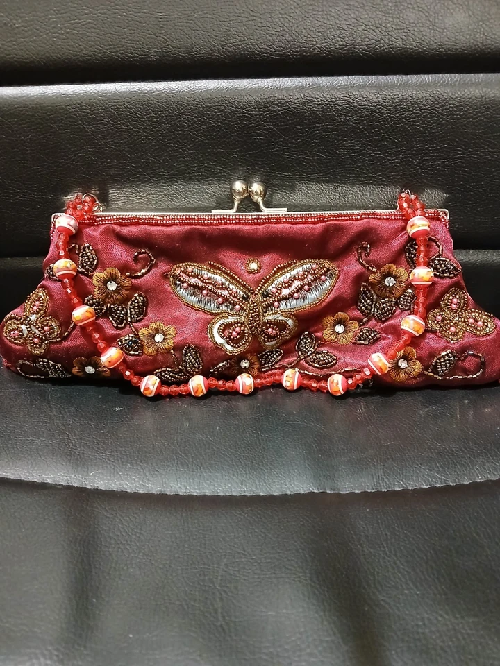 Vintage Vendula London Beaded Butterfly & Flowers Clutch Silk Purse  - Image 1 of 4
