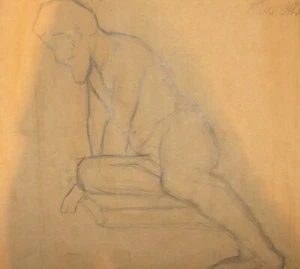ANTIQUE NUDE MAN PORTRAIT PENCIL PAINTING SIGNED - Picture 1 of 12