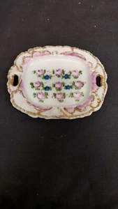 Antikes Pudding Glas Schmuck Tablett Handbemalt Rosen Vergissmeinnicht 5" Goldrand - Bild 1 von 8