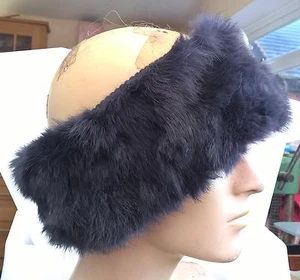 navy blue real genuine Chinese rabbit fur pelt ear warmer hat winter ski outdoor - Picture 1 of 3