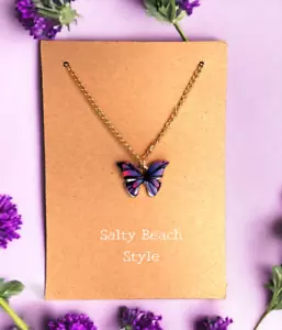 Minimalist PURPLE  Butterfly Pendant Charm Necklace, Gift for Mom, Daughter - Picture 1 of 4
