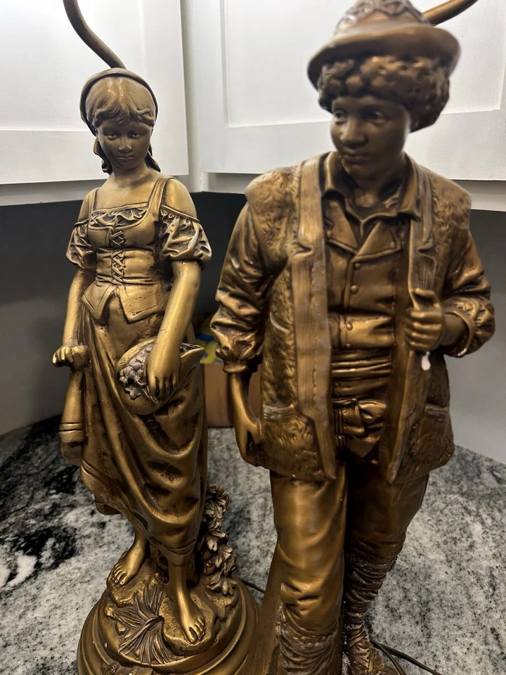 Vintage French Pair Figurine Lamps Provincial 1930s Night Figural Lamps Gold - Image 1 of 4