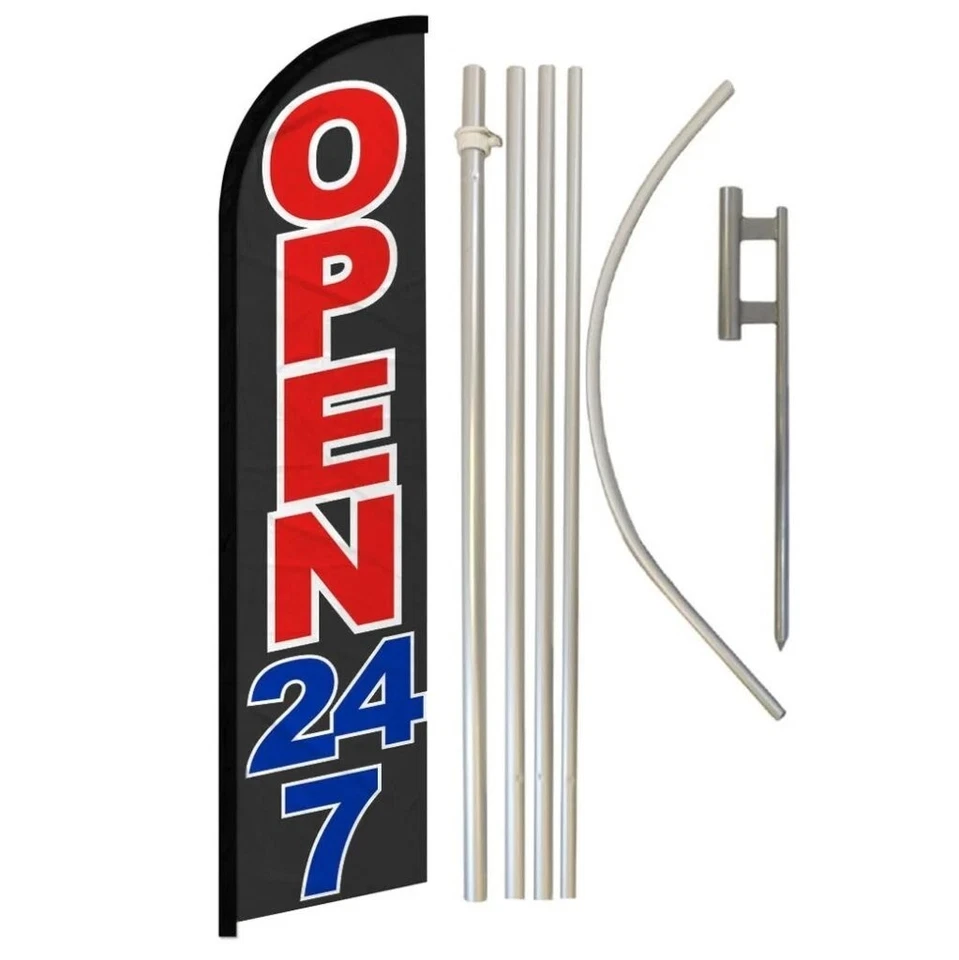 Open 24/7 Black Advertising Windless Banner Flag & Flag Pole Kit & Ground Spike - Image 1 of 1