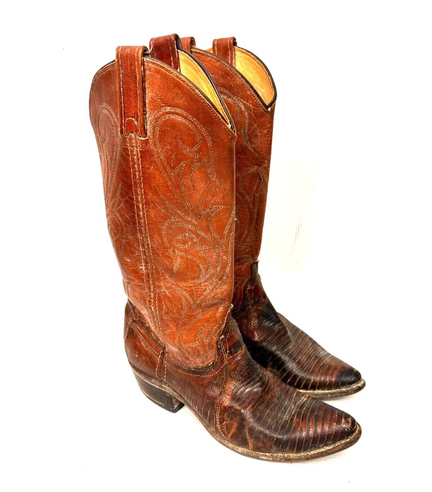 Dan Post Cowboy Boots LIZARD Mid Calf Brown Point toe Cowgirl Women's 6.5 Nice - Image 1 of 4