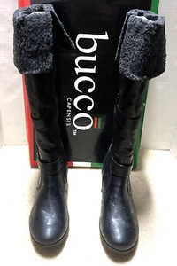 Women New Bucco Black Faux-Fur Trim Side 8"-Zip/W 3 Buckles Wedge Boots size 8 M - Picture 1 of 5