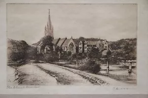 Original antique etching "The Church" framed print 1915 signed Dickens gothic - Picture 1 of 12