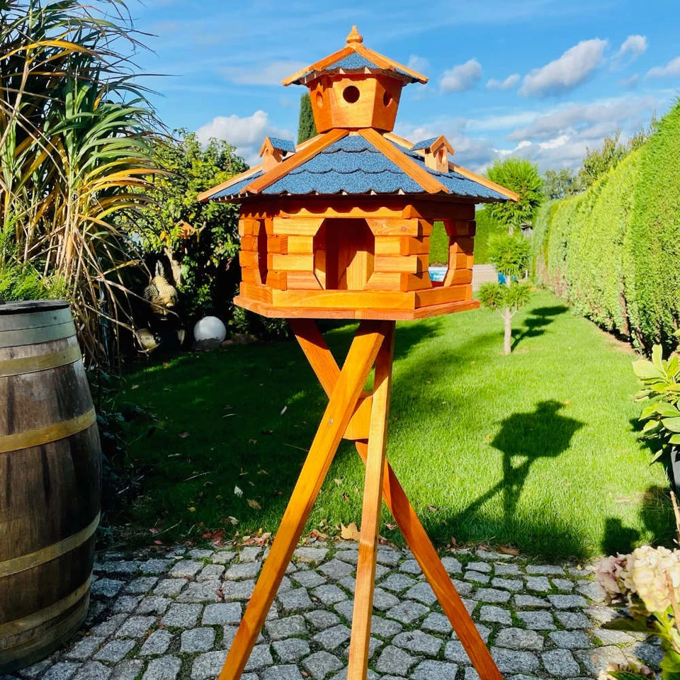 DARLUX Vogel Futter Haus XXL Futterstelle Sechseck Vogelhaus+ Ständer Braun/Blau - Bild 1 von 4