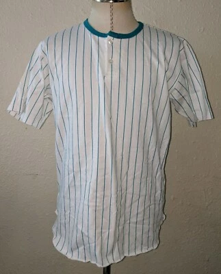 Camiseta de béisbol vintage en blanco Henley M turquesa blanca a rayas hecha en EE. UU. Foto 1 de 4