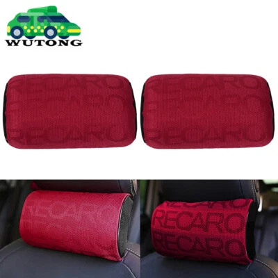 2PCS Recaro Red Fabric Headrest Pillow Supports Racing Neck Rest Seat Material - Image 1 of 4