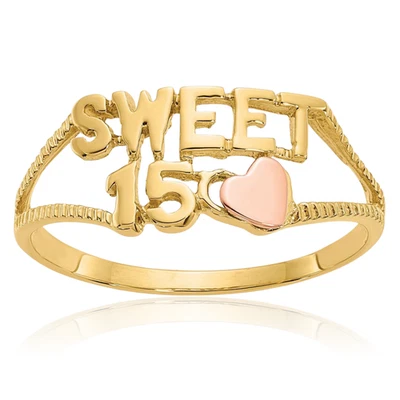 14K Solid Two Tone Gold Anos Quinceanera Sweet 15 Years Old Birthday Heart Ring - Image 1 of 4