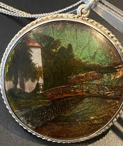 Stunning Antique Butterfly Wing Countryside Bridge Scene 18”Necklace 8.26gr - Picture 1 of 6