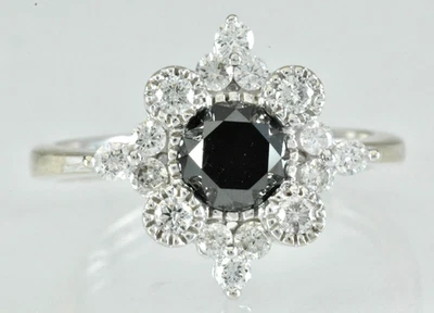 1.32 ctw Round Black Spinel w Diamond Cluster Set Ring 14k White Gold Size 7 - Image 1 of 4