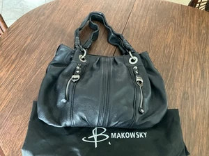 B Makowsky Satchel Handbag Black Leather Large Double Strap Shoulder Bag Purse - Picture 1 of 1