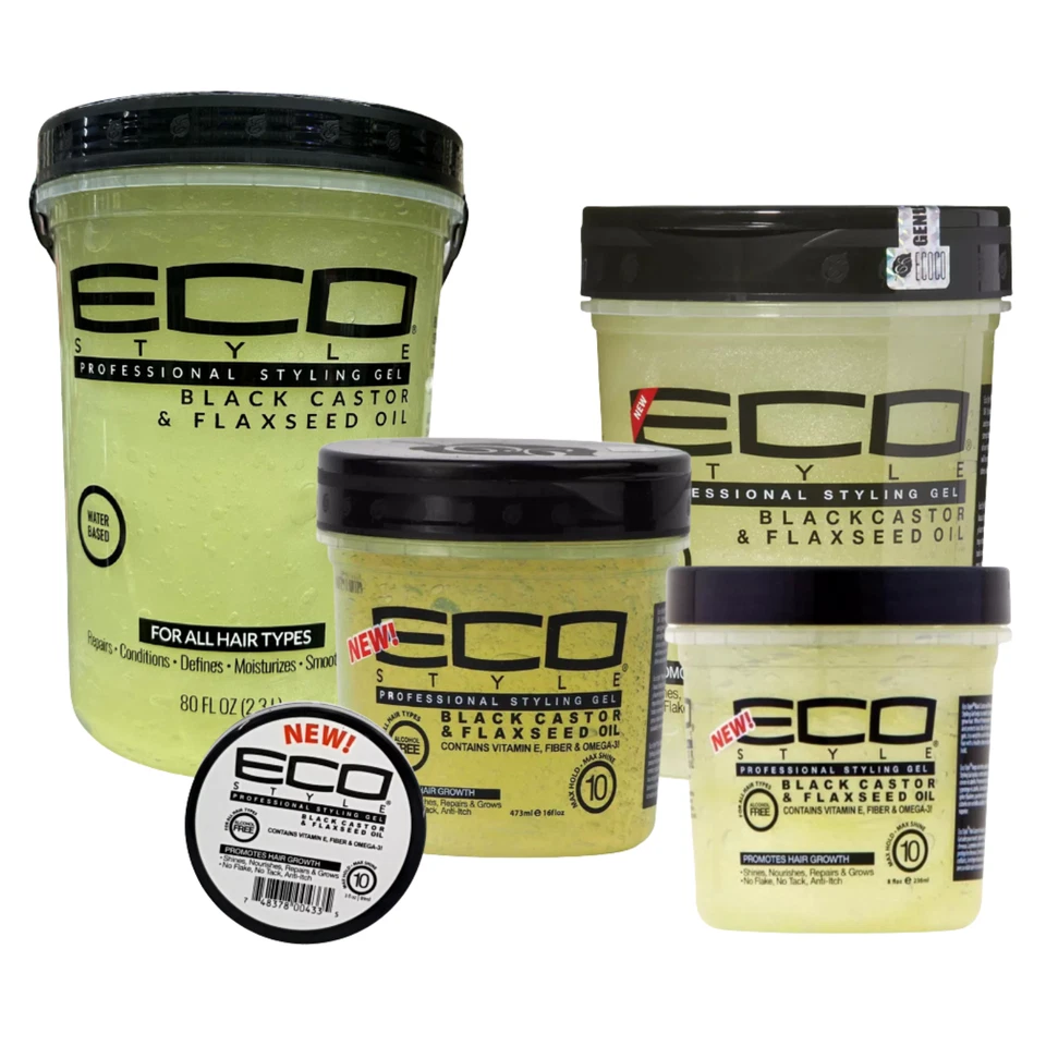 ECO STYLER Eco Black Castor & Flaxseed Oil Gel – Max Hold – 8oz 16oz 32oz 1L Sizes