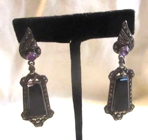 925 Silver (Sterling) Earrings Marcasite Onyx Amethyst Quartz Vintage Dangles - Picture 1 of 10