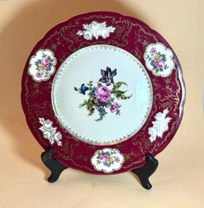 Antiker Teller böhmisch rosa rose und lila geblümt tiefroter Rand und Gold - Bild 1 von 7