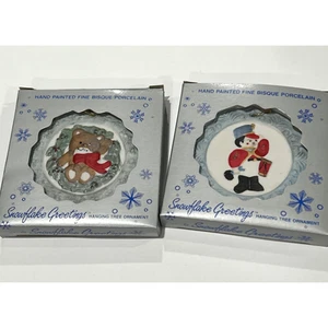 2 Vintage Hand Painted Fine Bisque Porcelain Christmas Ornaments NEW - Picture 1 of 5
