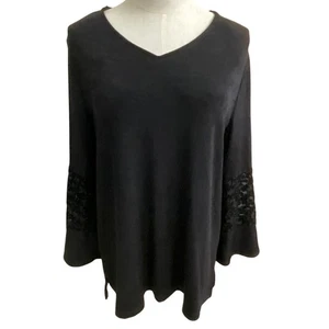 Chico's Travelers Black V-Neck Blouse Top Lace Bell Sleeve Elegant - Picture 1 of 8