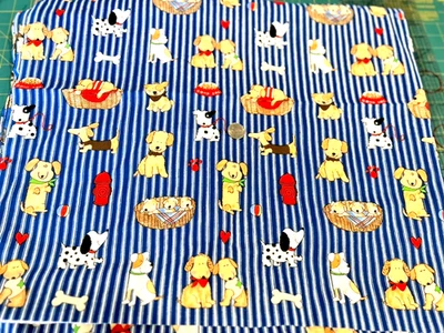 Cute Dogs on Blue & White Stripe Ticking Cotton Flannel Fabric. OOP - Image 1 of 2