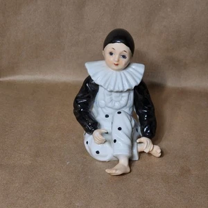 Vintage Art Nouveau Porcelain Pierrot Sitting Figurine Black/White Handpainted - Picture 1 of 8