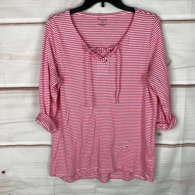 Sonoma Top Womens Large Pink White Lace Up Knit Stripe Tab Sleeve V-Neck - Image 1 of 4