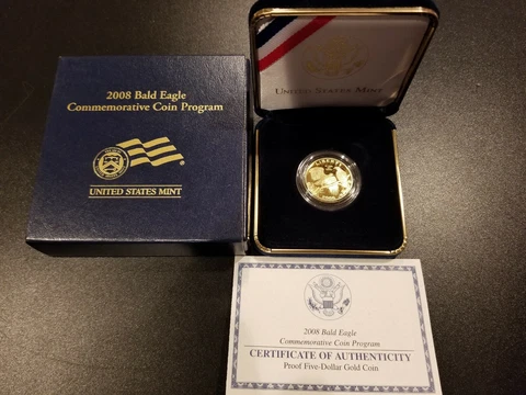 2008-W Proof $5 Gold Bald Eagle Commemorative Coin with Box, OGP & COA Cover