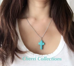 Turquoise Cross Pendant Necklace  925 Silver Plated Natural Stone 18” N39 - Picture 1 of 5