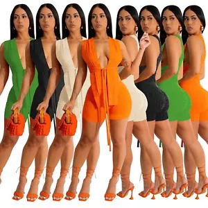 Stylish New Women V Neck Sleeveless Bandage Bodycon Solid Club Jumpsuit 2pcs - Picture 1 of 14