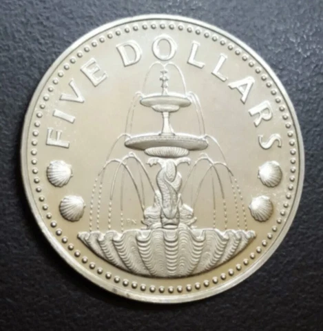 1976 BARBADOS $5 FIVE DOLLARS SILVER PROOF COIN FOUNTAIN CROWN SIZE Cover