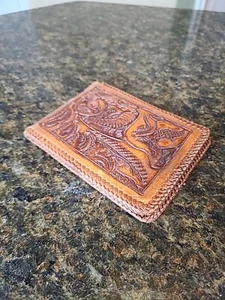 Vintage Tooled Leather Biker Wallet Lotus Floral Design 4"x5" Bi-fold GUC - Picture 1 of 7