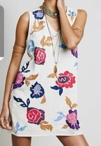Free People Medium Ivory Mini Shift Dress Embroidered Sequin Floral Sleeveless - Picture 1 of 15