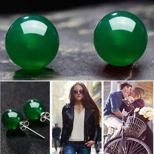 EPIC JADE - echte natürliche grüne Achat Ohrstecker - 8 mm - versilbert - Bild 1 von 6