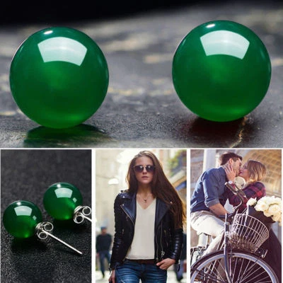 EPIC JADE- Genuine Natural Green Agate Stud Earrings- 8mm- Silver Plated - Image 1 of 4