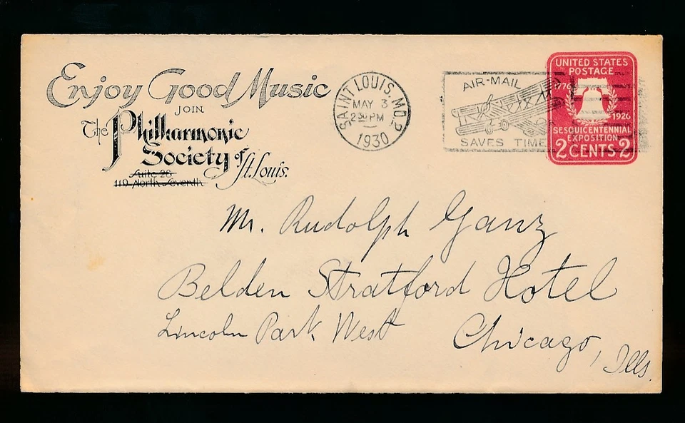 MUSIC 1930 POSTAL STATIONERY ILLINOIS PHILHARMONIC SOCIETY...AIRMAIL SLOGAN - Image 1 of 1