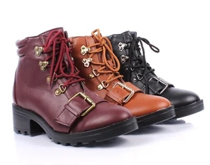 3-farbige Damen-Schnürstiefel seitliche Schnallen Militär 2" hohe Absätze Kampfstiefel - Bild 1 von 17