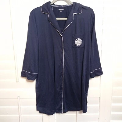Camisa de Noche Life Is Good Manga Larga Botón Dormir Azul Marino Blanco Ribete Talla L Foto 1 de 4