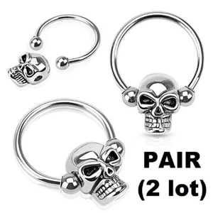 PAIR) 2 Skull Captive Horseshoe Ring Ear Nose Lip Nipple Septum Piercing Jewelry - Picture 1 of 1