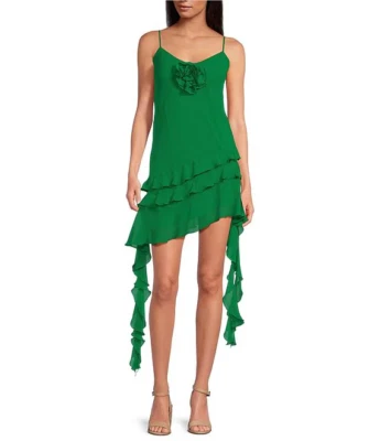 Gianni Bini Belle Kelly Green Ruffle Mini Dress Cocktail Asymmetrical Hem 2 Nwt - Image 1 of 4