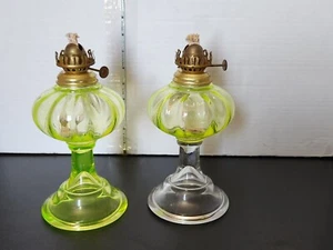 Vintage Pair Uranium Glass Oil Lamps Green Vaseline Kerosene Depression GLOWS - Picture 1 of 11