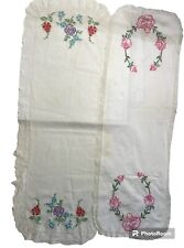 Vtg Hand Embroidered Table Runner Dresser Scarves 12" x 38" Lace Edge Floral