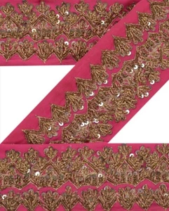 Sanskriti Vintage Sari Border Hand Beaded Craft 1 Yd Sewing Pink Trims Deco Lace - Picture 1 of 6