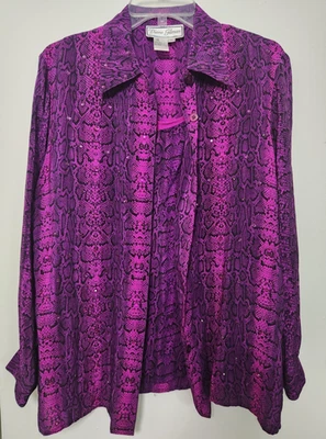 Diane Gilman Silk Button Down Shirt Tank Top Set Purple Snake Skin Rhinestones M - Image 1 of 4