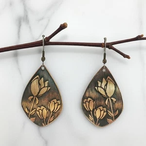 Copper Tulip Earrings Urbanrose Handmade Rustic Patina Floral Motif - Picture 1 of 5