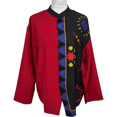 Blusa de Seda Chico’s Vintage Talla 2 Grande Roja Negra Boho Asiática Color Bloque Años 90 Foto 1 de 4