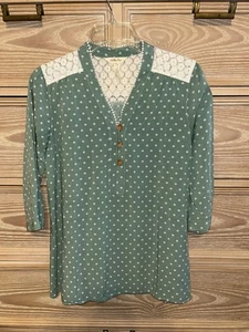 Matilda Jane Women’s Tunic Top 3/4 Sleeve Polka Dot Sage Green Lace Size Small - Picture 1 of 4