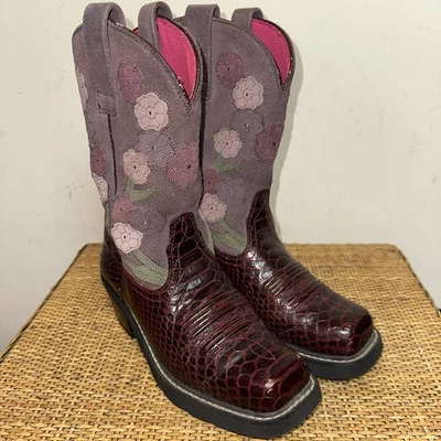 Ariat Women's 6 Snake Print Floral Maroon Leather Cowgirl Western Boots Rodeo - Image 1 of 4